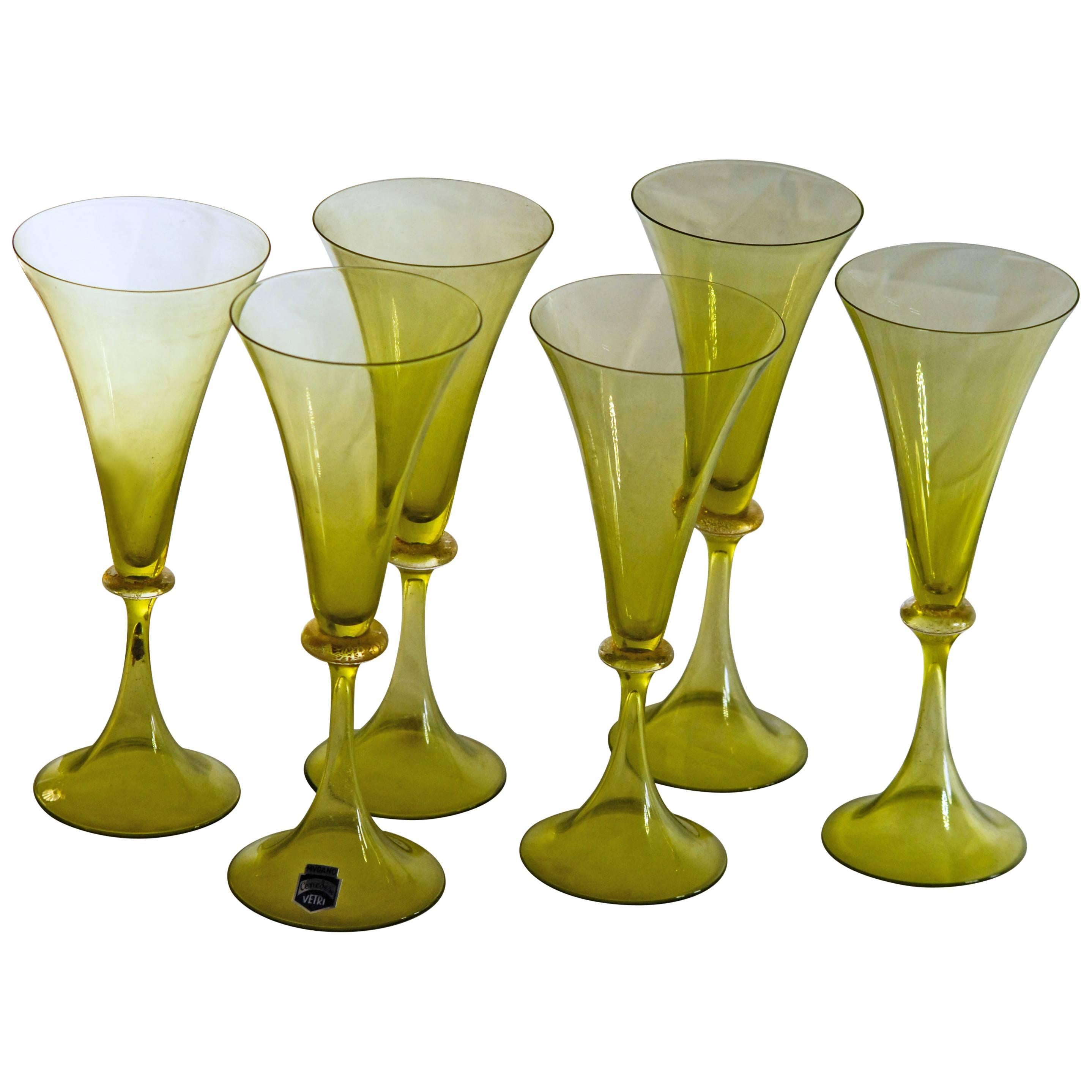 Cenedese Set of Six Flutes, Green Fumé with Gold Leaf Neck