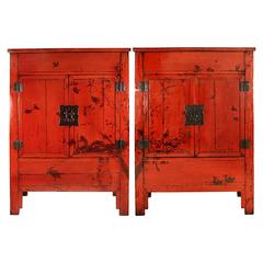 Pair of 19th Century Chinese Red Lacquer Cabinets with Birds in Flight 3