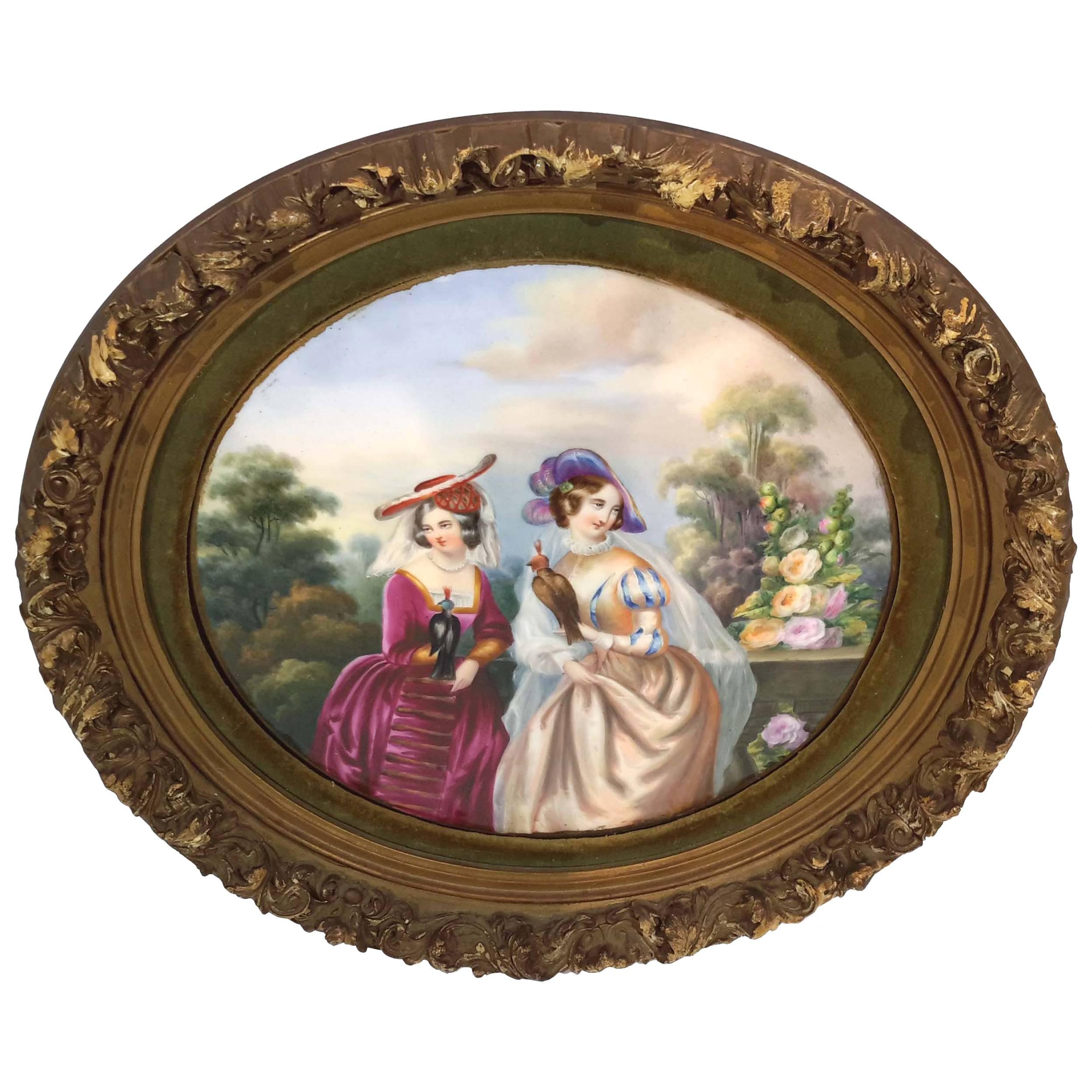 Continental Round Hand-Painted Porcelain Plaque in Gilt Frame, 19th Century For Sale