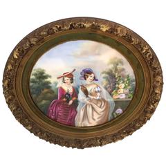 Continental Round Hand-Painted Porcelain Plaque in Gilt Frame, 19th Century