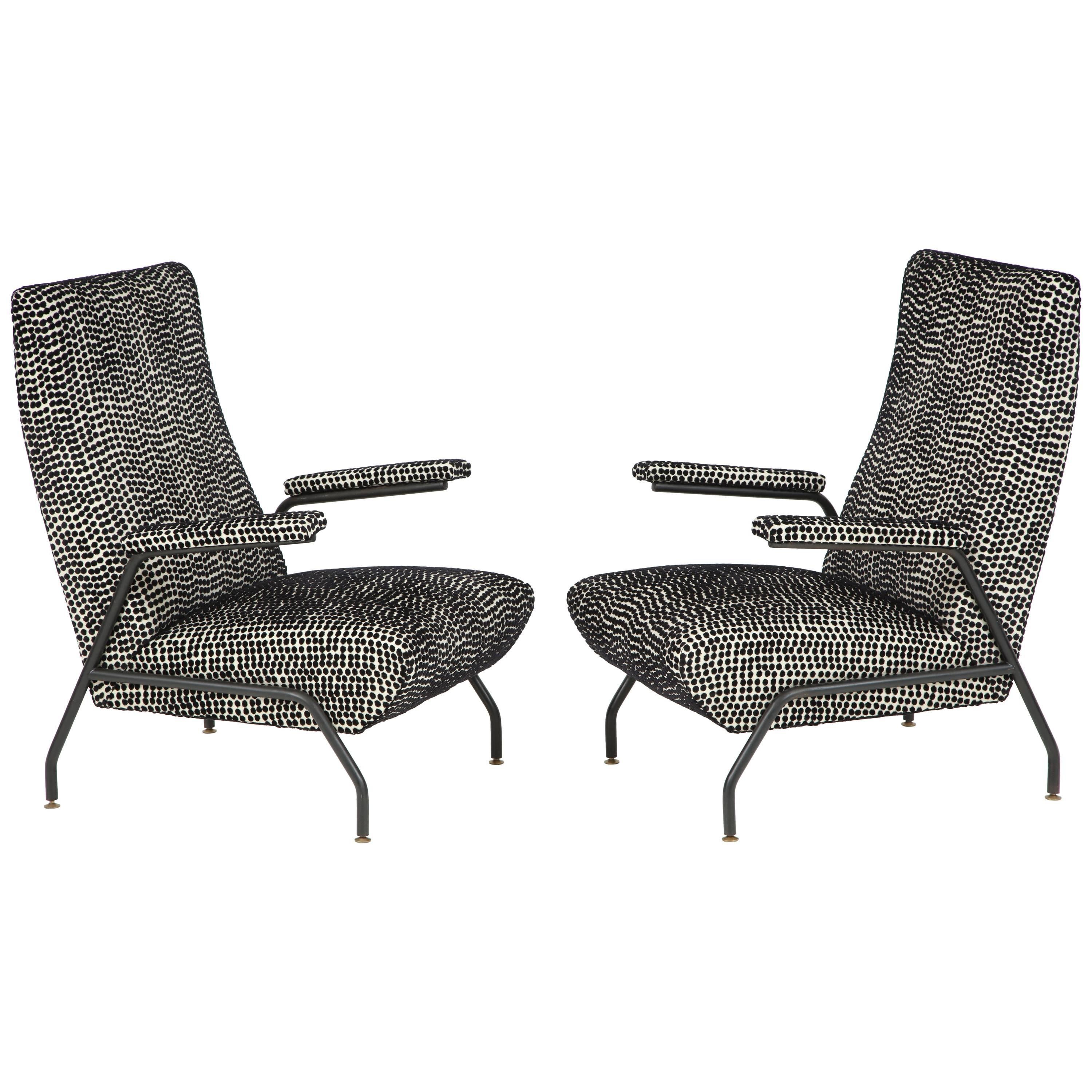 Pair of Mid-Century Lounge Chairs with Black Enameled Steel Frame, Italy, 1960s