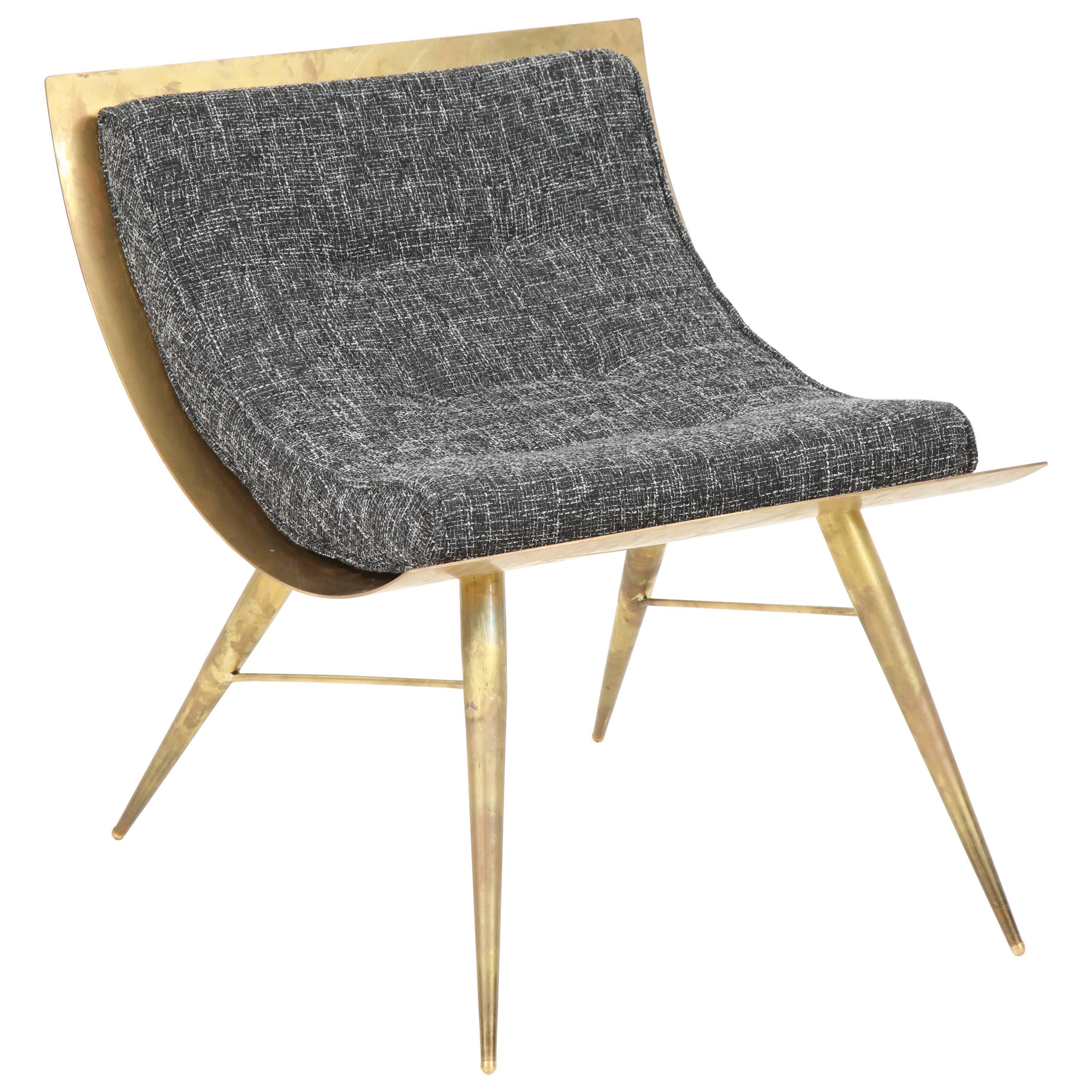 Sculptural Curved Back Solid Brass and Grey Tweed Fabric Accent Chair, Italy