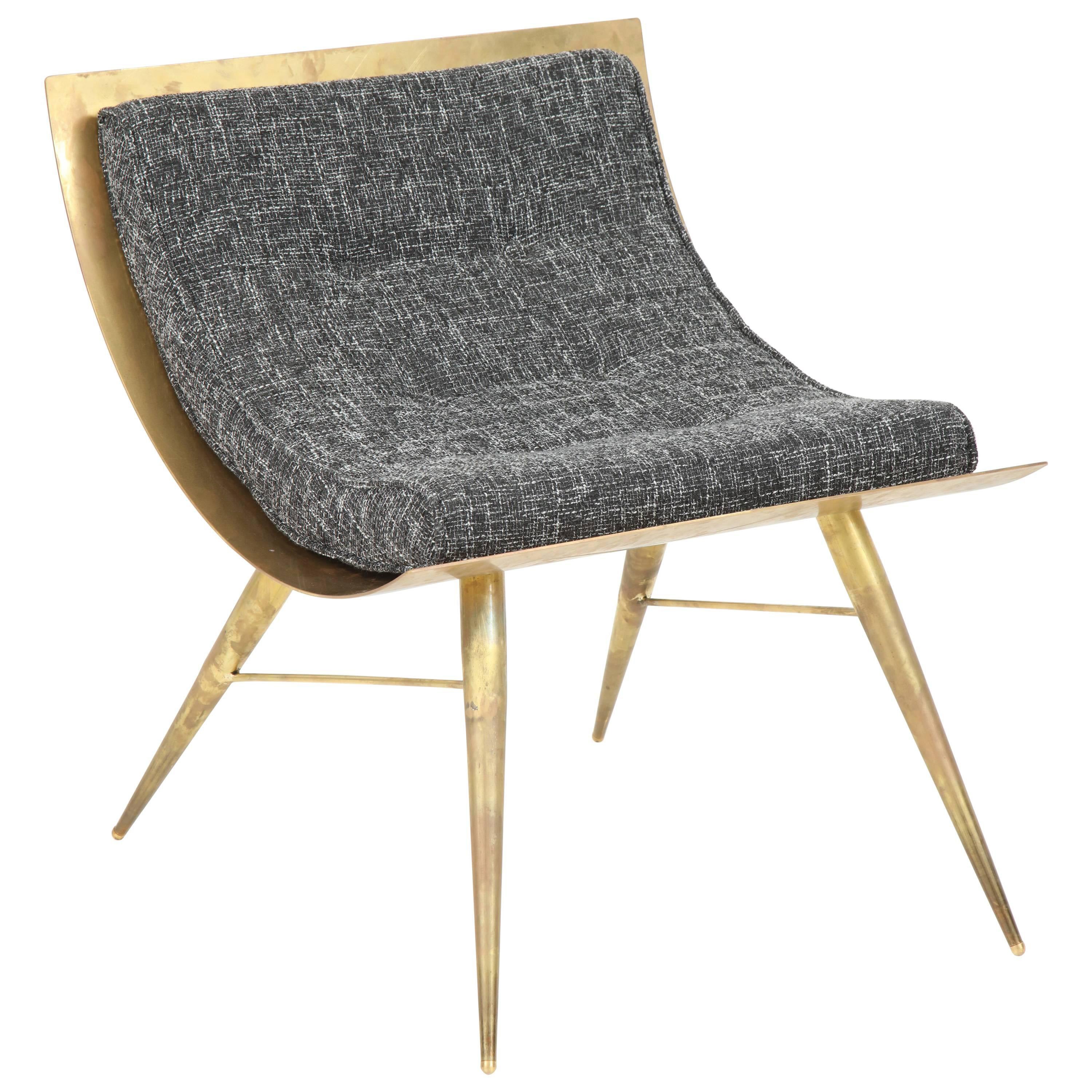 Sculptural Curved Back Solid Brass and Grey Tweed Fabric Accent Chair, Italy