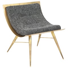 Sculptural Curved Back Solid Brass and Grey Tweed Fabric Accent Chair, Italy