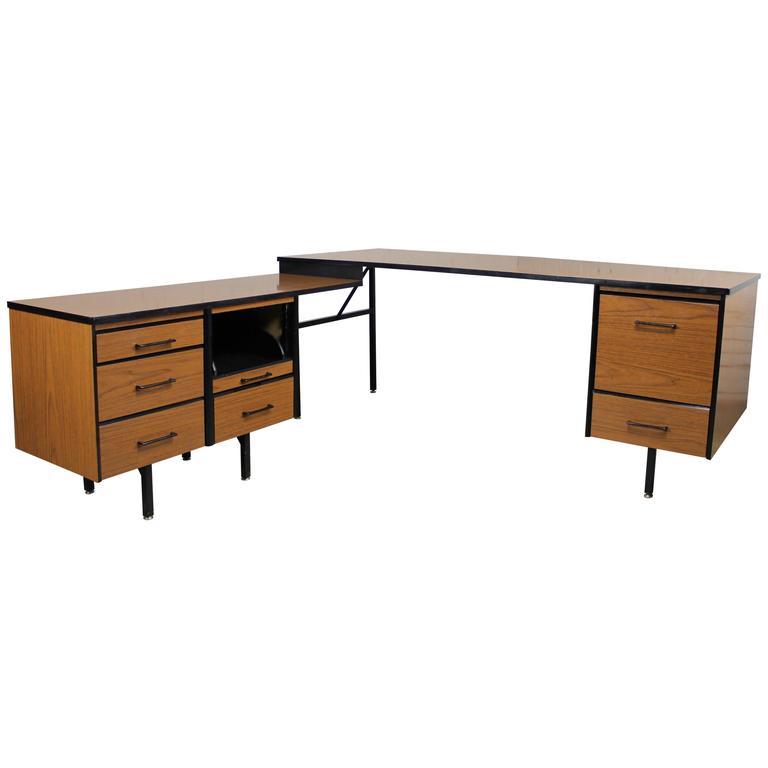 Mid Century Modern Imperial Desk Company Walnut Laminate And Black