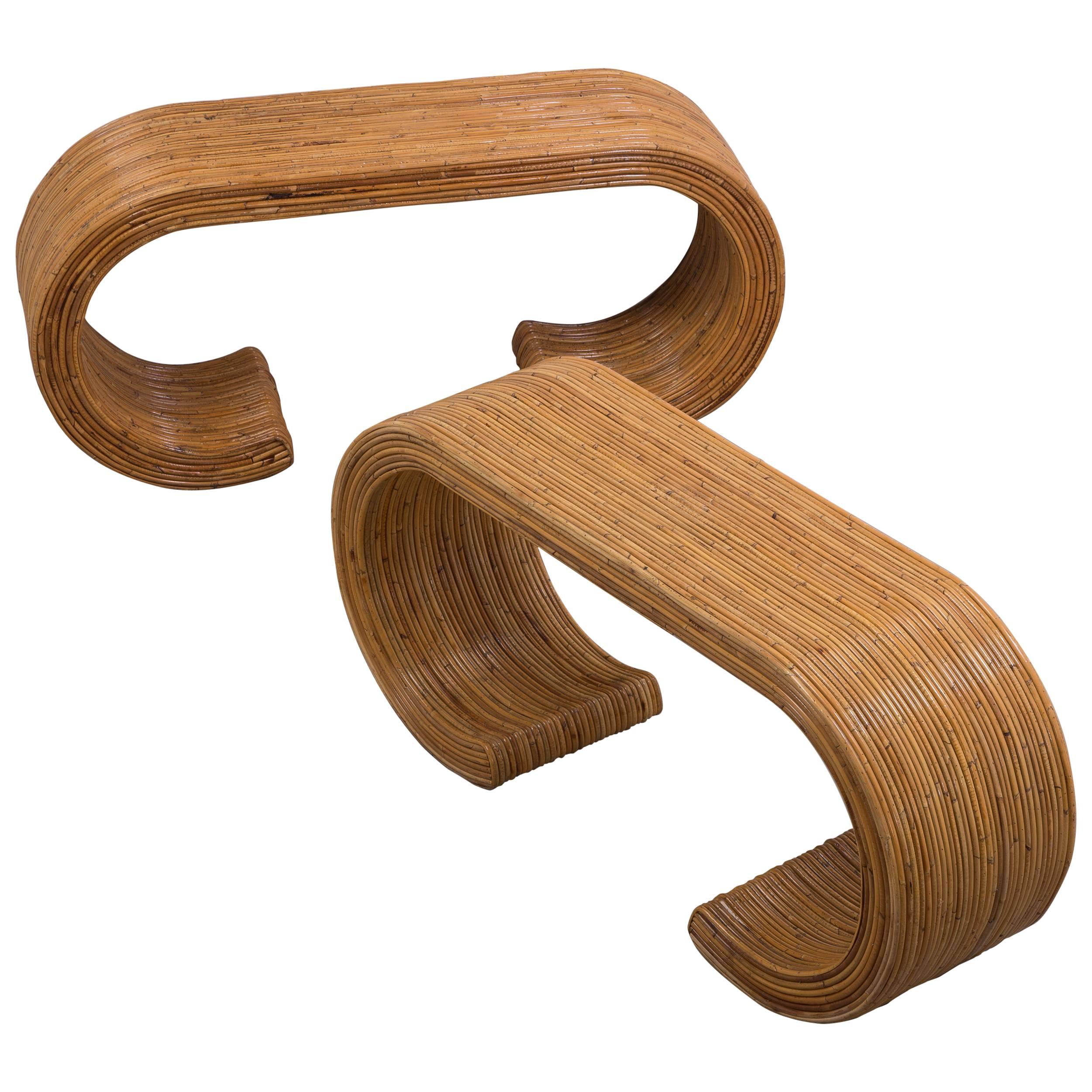 Pair of Bamboo Cane Wrapped Waterfall Console Tables, 1970s