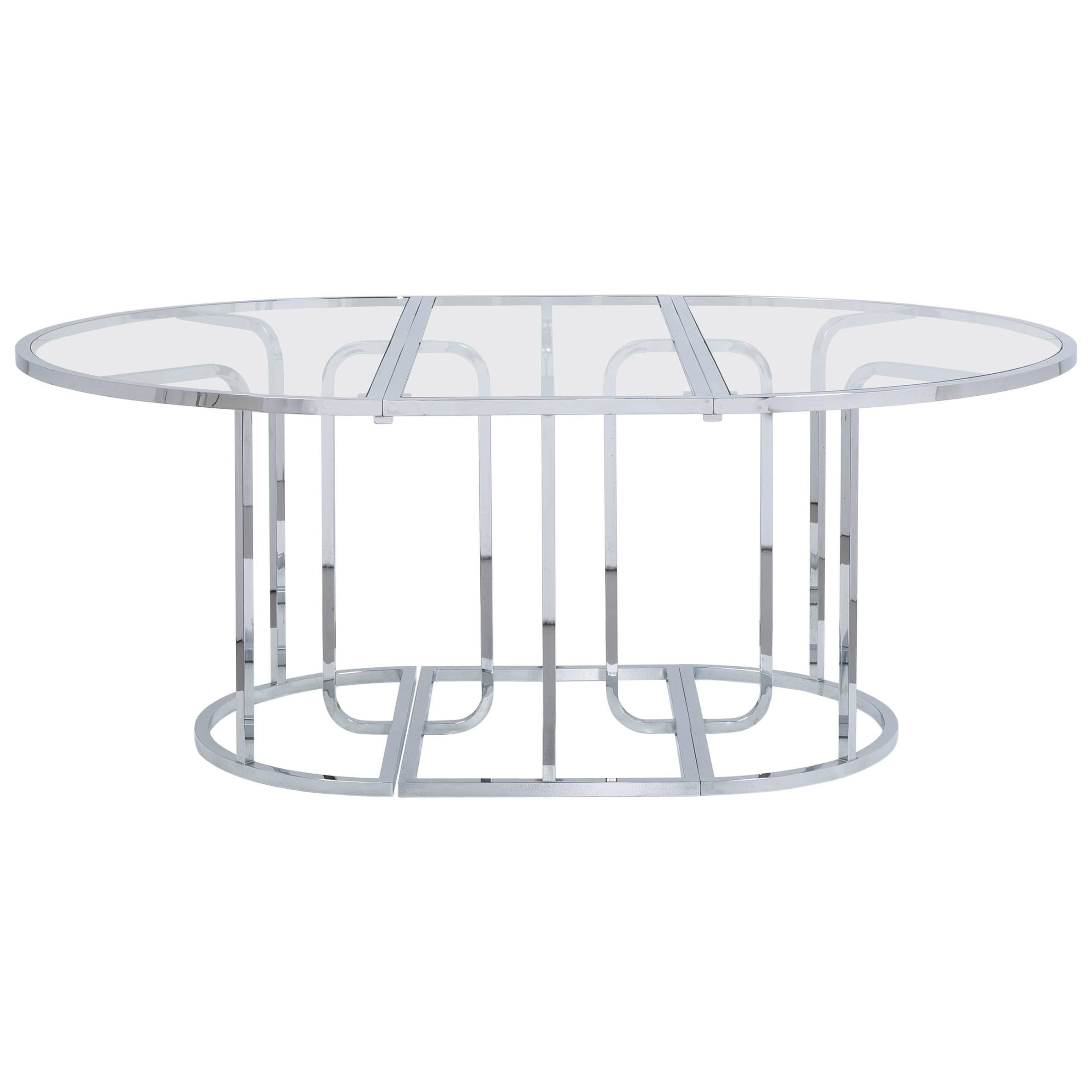 Three-Part Chromium Steel Framed Glass Dining Table, 1970s For Sale