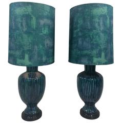 Vintage Striking Pair of Italian Raymor Ceramic Lamps with Original Shades