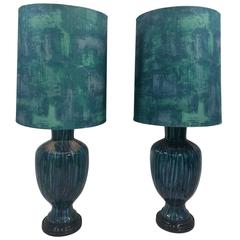 Striking Pair of Italian Raymor Ceramic Lamps with Original Shades