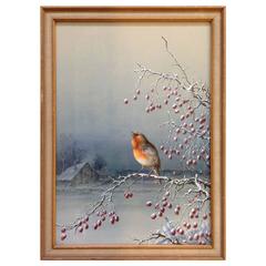 Antique Henry Bright Bird on Berry Branch British Watercolor