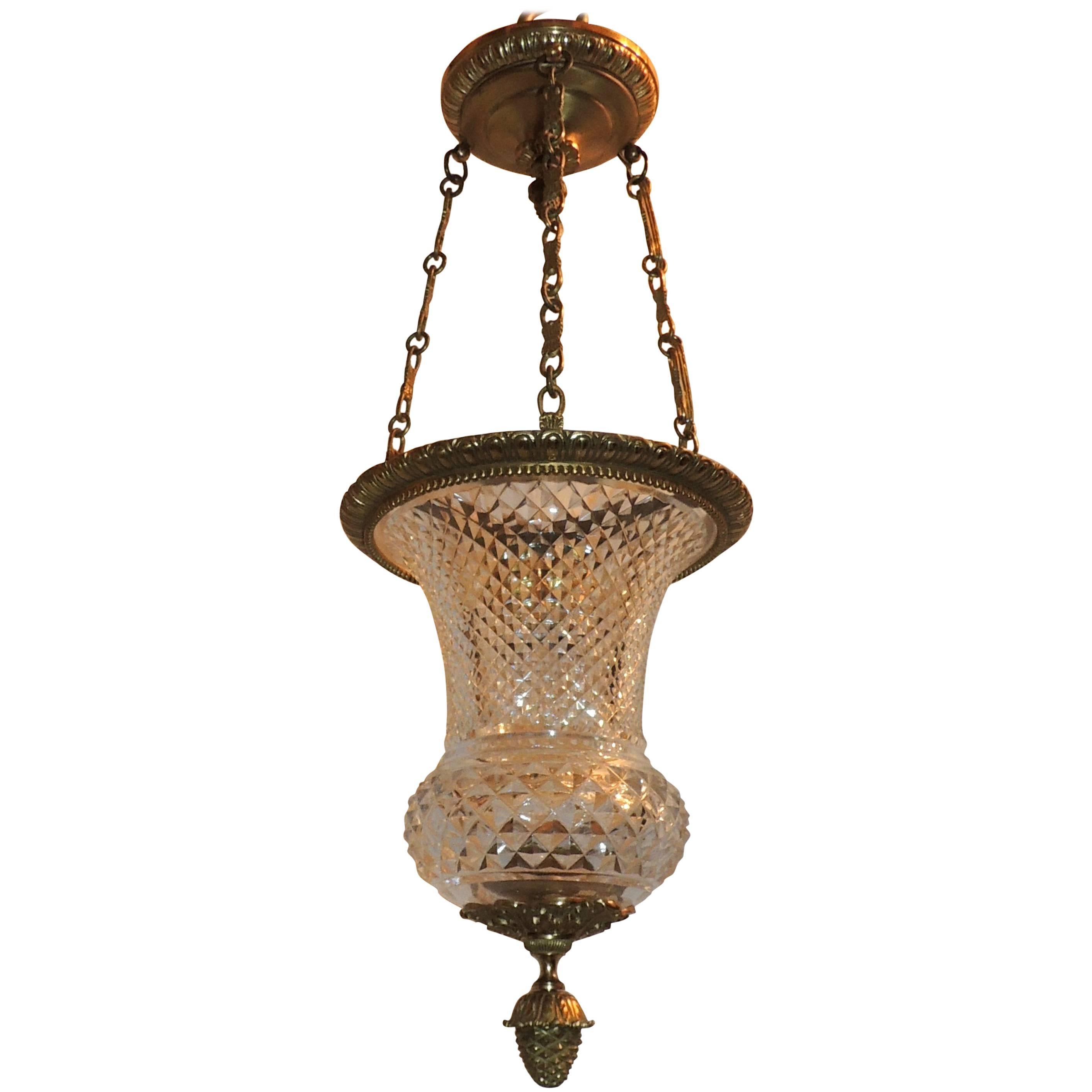Wonderful French Neoclassical Dore Bronze Cut Crystal Lantern Fixture Pendent