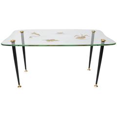 Cocktail Table with Etched Glass "Sea Life" Motif and Bronze Fittings
