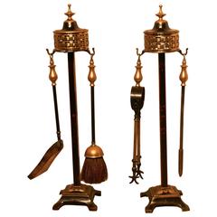 Victorian Decorated Tole Ware Twin Companion Set, Fireside Tools