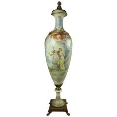 Lg Antique French Sevres Hand-Painted Porcelain and Bronze Urn Signed L. Bertren