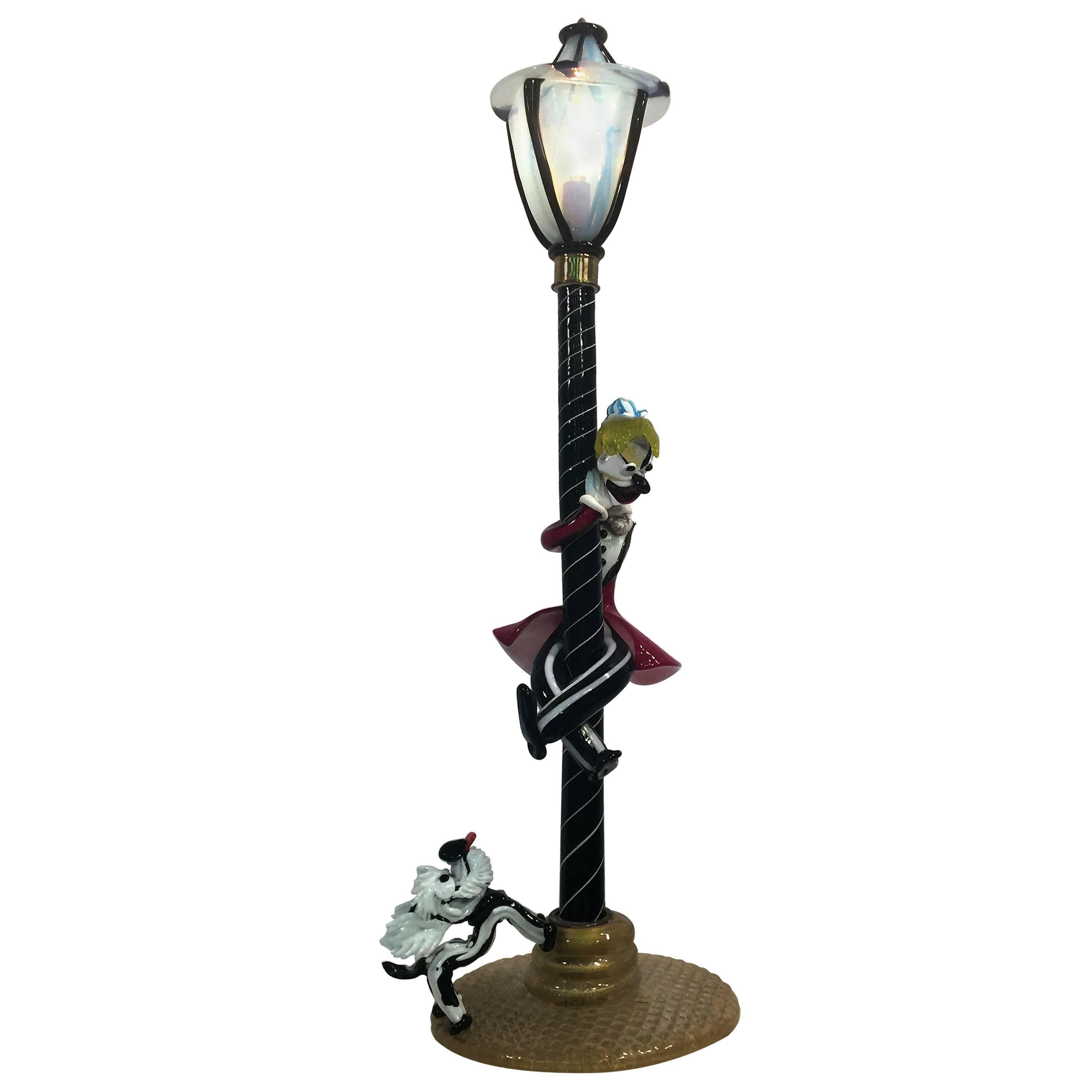Great and Rare Cenedese Murano Glass Drunk Clown and Angel Dog on Lamp Post Lamp For Sale