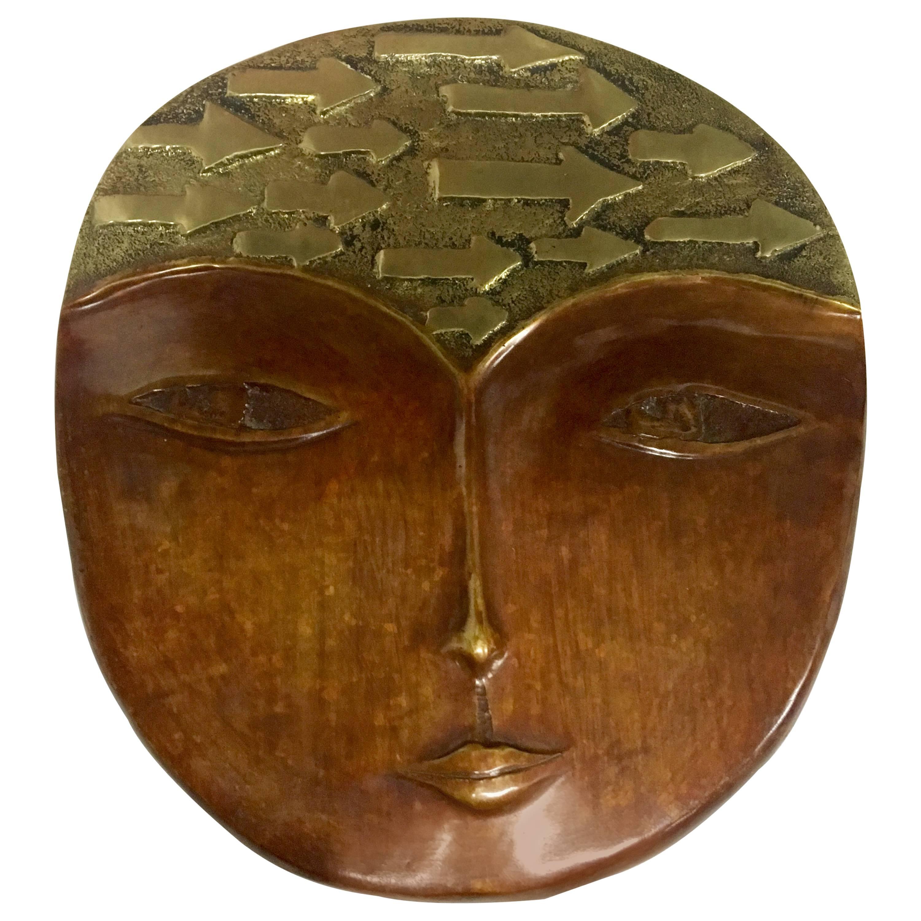 Patinated Solid Bronze Face Mask by A. M. Fage Signed and Dated