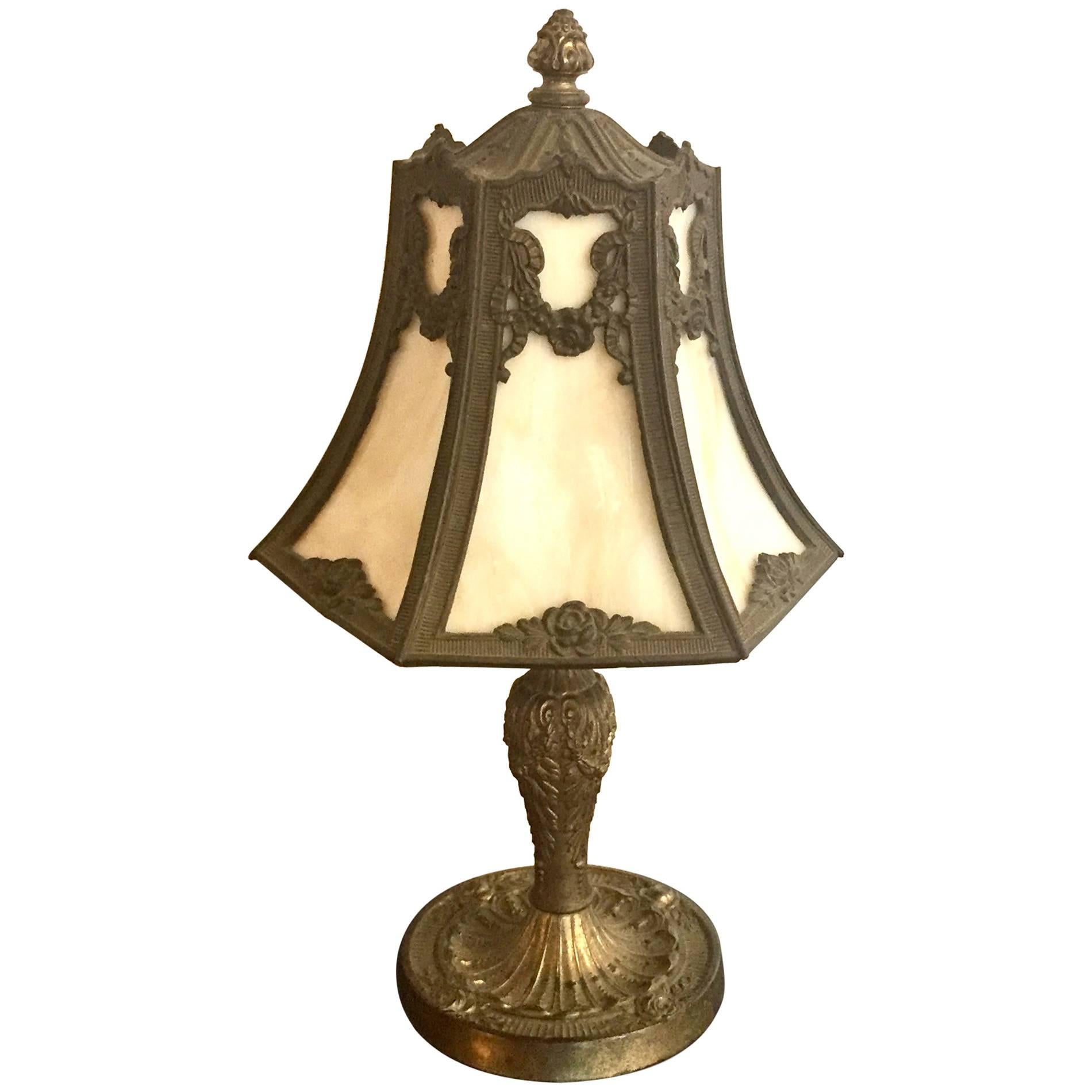 Vintage Boudoir Lamp with Slag Glass Shade For Sale