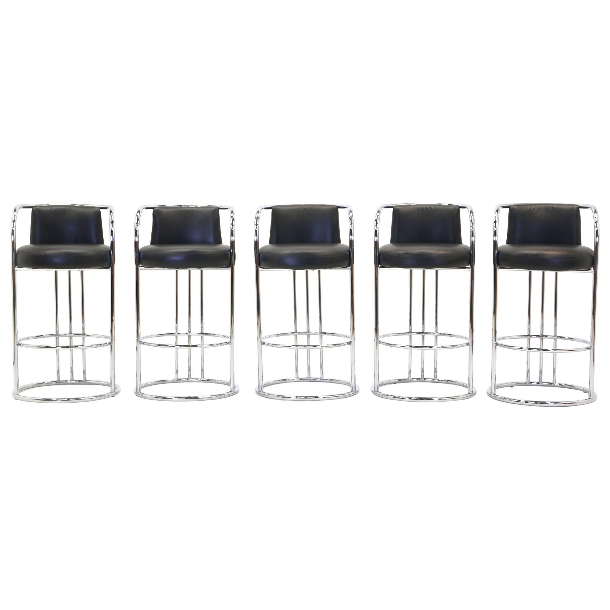 Milo Baughman for Thayer Coggin Chrome and Black Bar Stools, Five Total, Signed