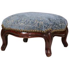 19th Century French Louis XV Walnut Footstool with Velvet Fabric