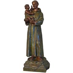 Early 1900s Statuette Saint Anthony of Padua Great Detail and Color Sculpture