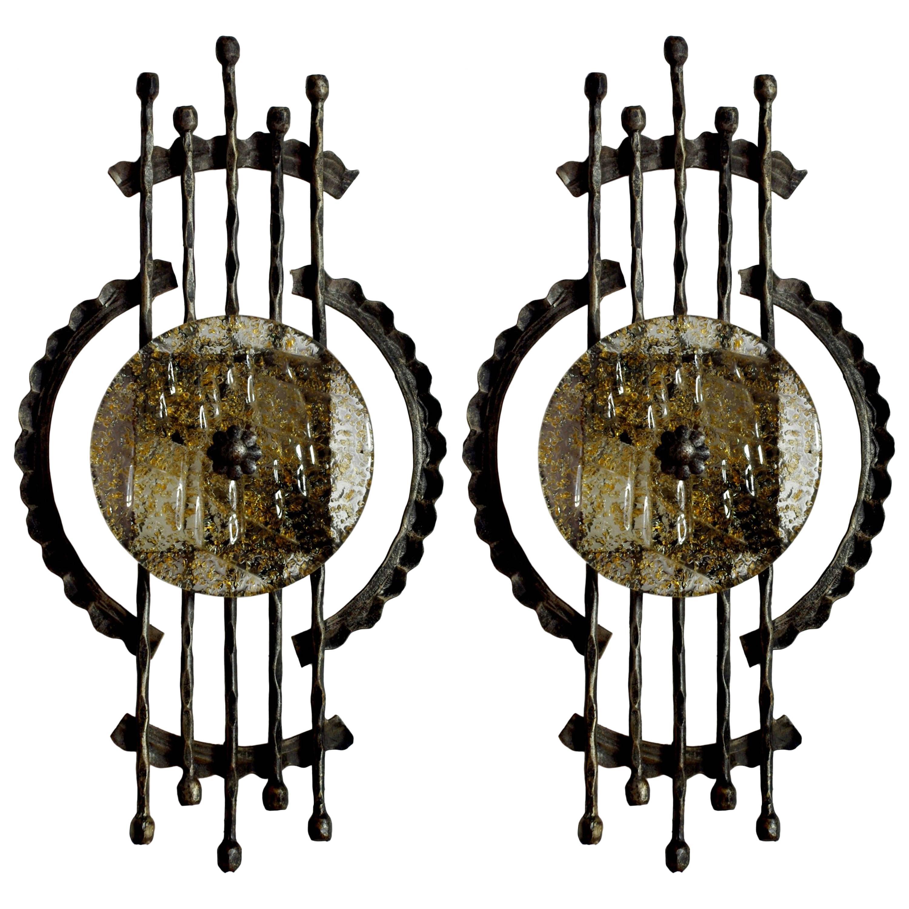Pair of Large Sculptural Iron and Glass Wall Flush Mounts Sconces, 1960s