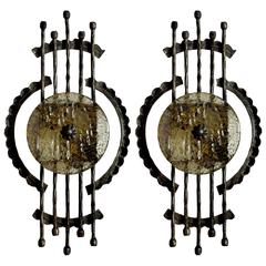 Pair of Large Sculptural Iron and Glass Wall Flush Mounts Sconces, 1960s