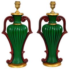 Pair of Italian Regency Ceramic Lamps in Green Gold and Red Color, 1970s 4