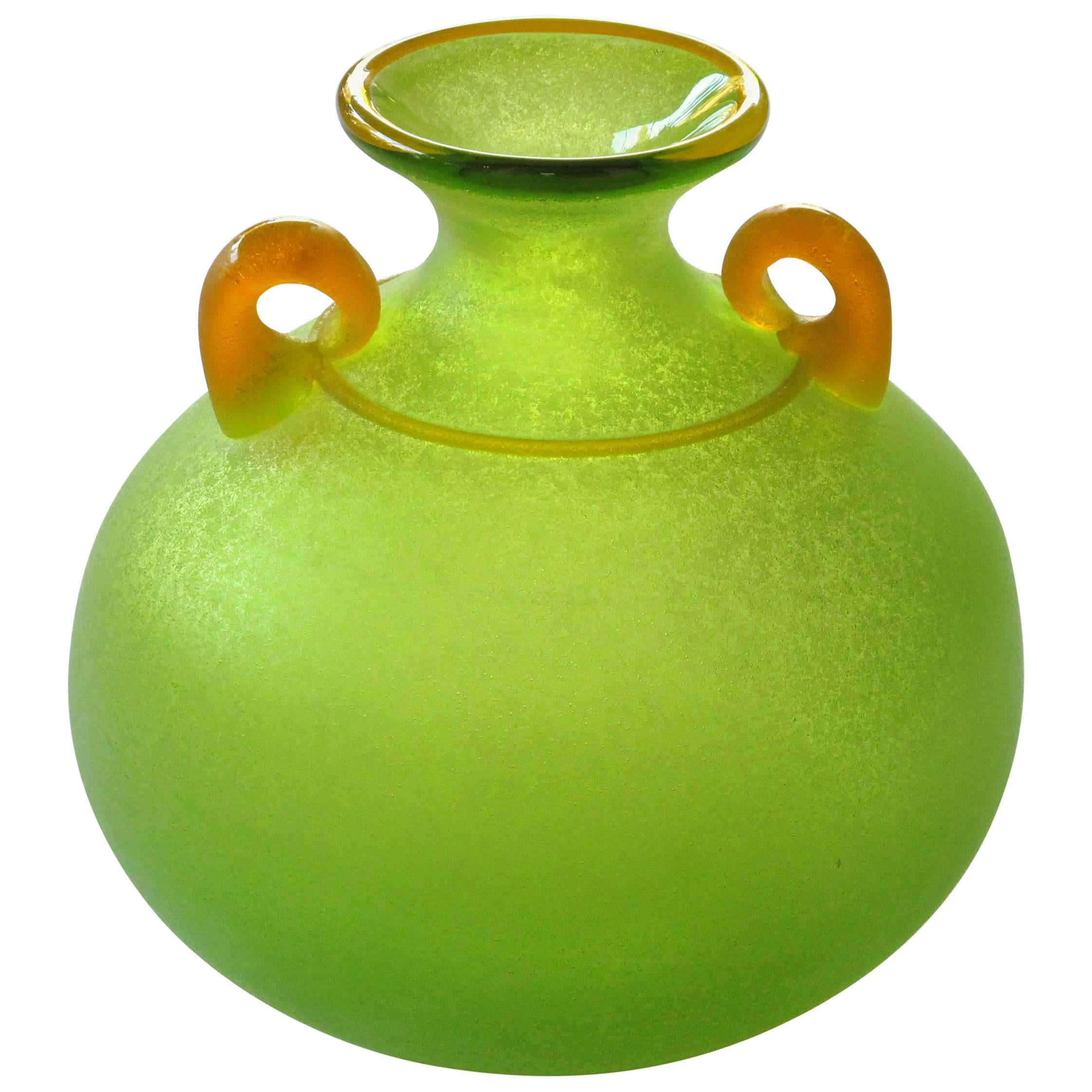 Good Quality and Vibrant Murano Signed Franco Moretti Acid-Green Scavo Vase