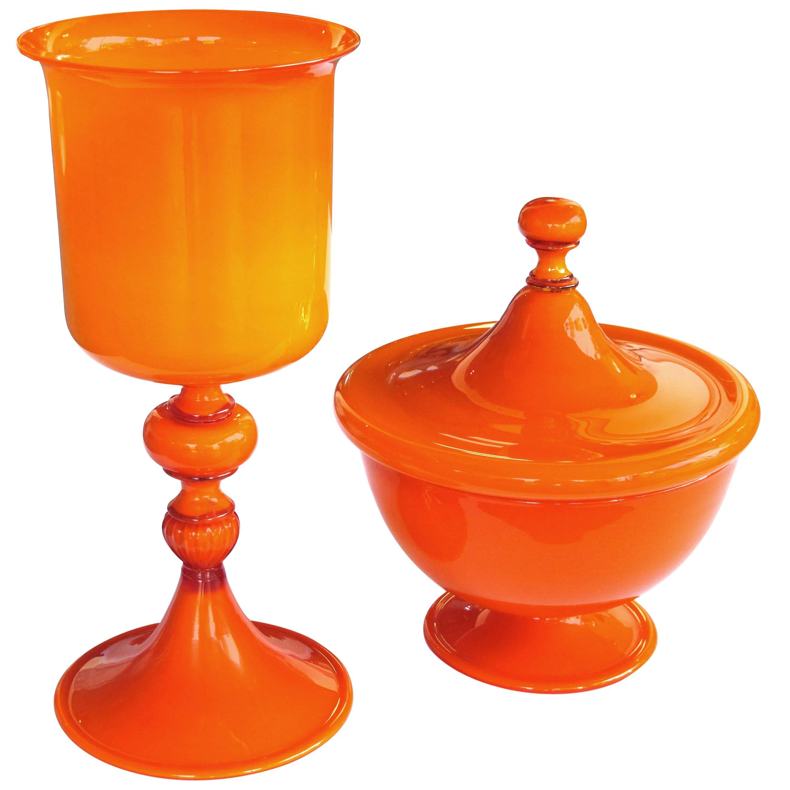 Large-Scaled Set of Murano 1960s Orange Cased-Glass Covered Bowl and Compote