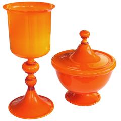 Large-Scaled Set of Murano 1960s Orange Cased-Glass Covered Bowl and Compote