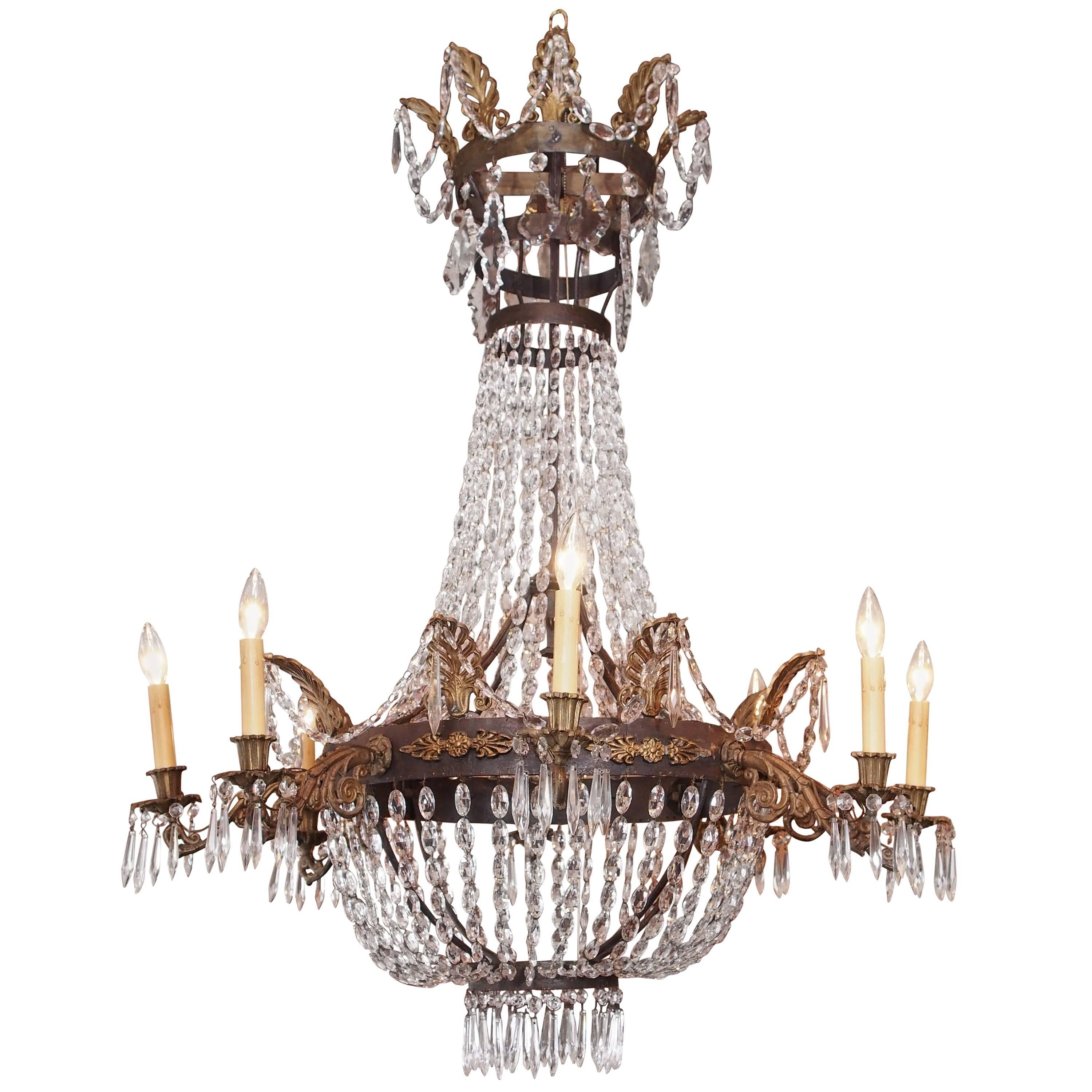 Antique French Empire Crystal and Bronze Eight-Light Chandelier