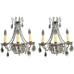 Pair of Antique French Crystal Three-Light Wall Sconces 5