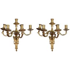Pair of Antique French Bronze Doré Five-Light Wall Sconces