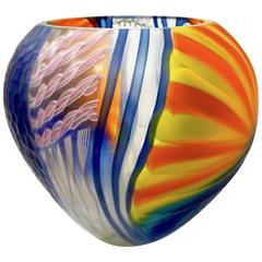 Andrea Zilio Italian Blue Yellow Orange White Murano Glass Round Vase