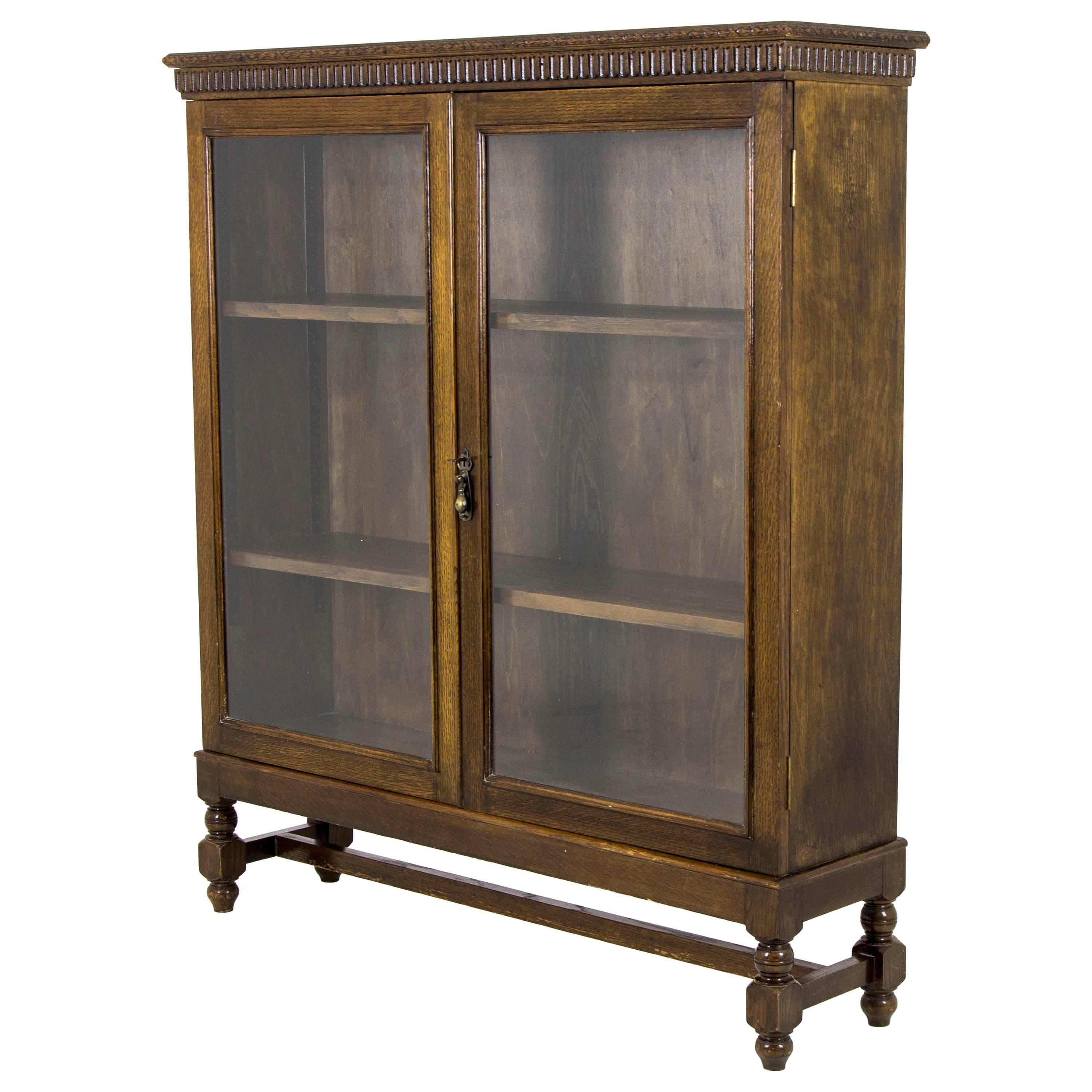 Antique Scottish Two-Door Oak Bookcase, Display Cabinet