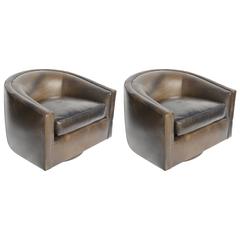Pair of Brown Leather Club Chairs with Swivel