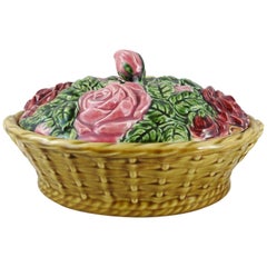 French Majolica Roses Basket Sarreguemines