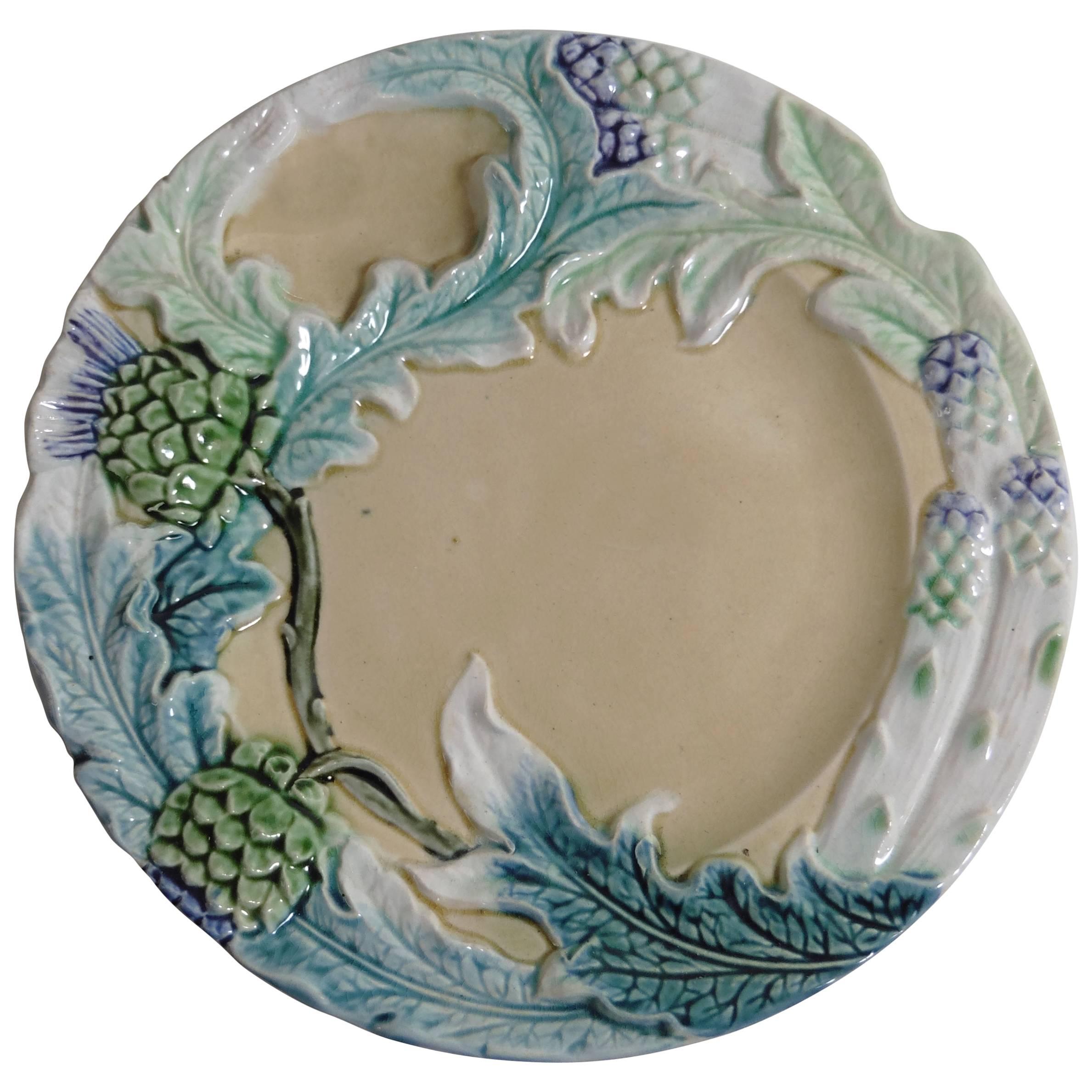 19th Majolica Asparagus and Artichoke Plate Fives Lille