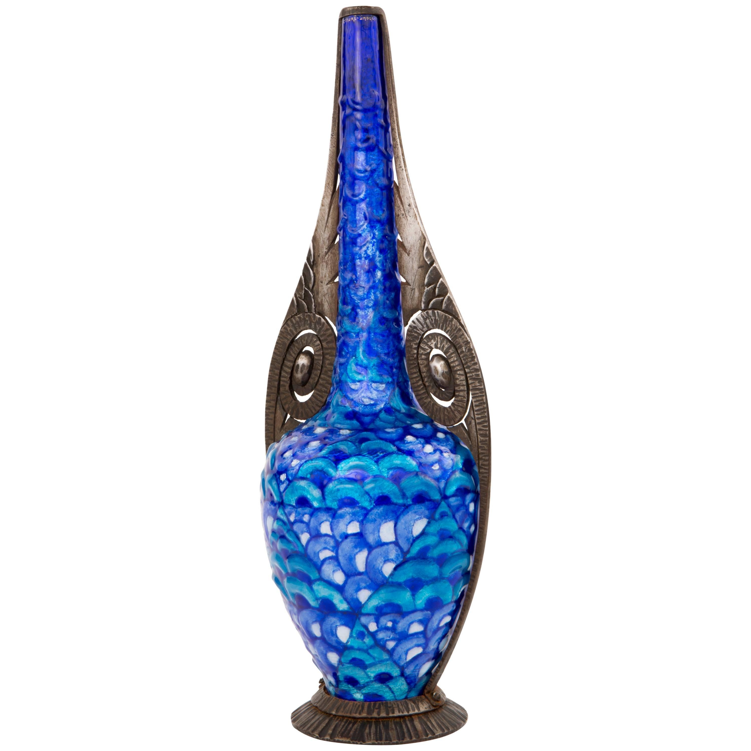 French Art Deco Enameled and Wrought Iron Decorated Vase by Camille Fauré