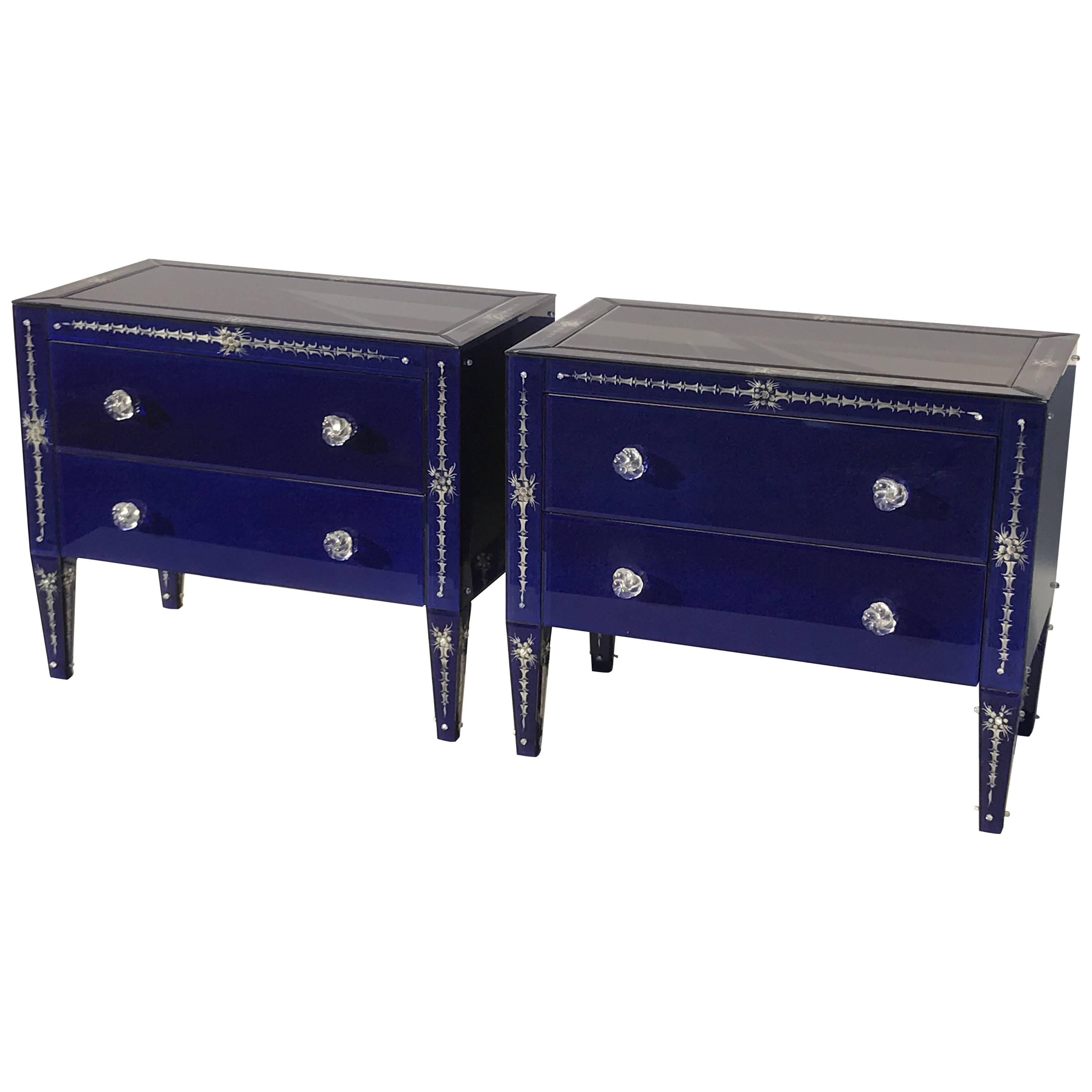 Pair of Lapis Blue Venetian Mirrored Commodes or Nightstands
