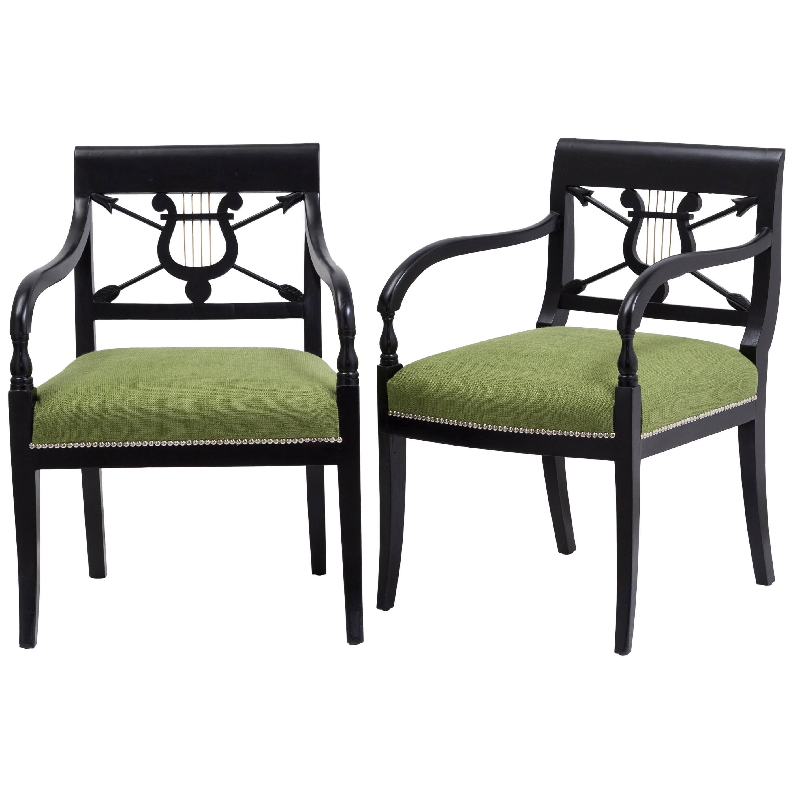 Pair of Ebonised Birch Empire Upholstered Armchairs, 1830 For Sale