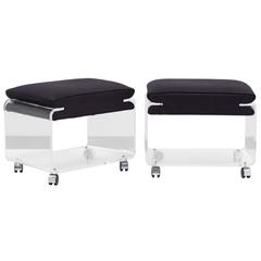 Pair of Linen Upholstered Lucite Footstools, 1970s
