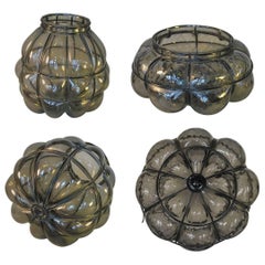Lot of Two Vintage Murano Style Blown Smoked Glass Caged Lantern Shades