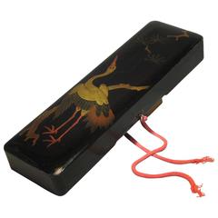 Black Lacquer Rounded Rectangular Fubako and Cover with a Crane, Meiji Period