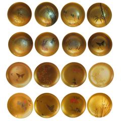 Antique Eight Japanese Lacquer Bowls and Eight Plates, Taisho Period, 1912-1926
