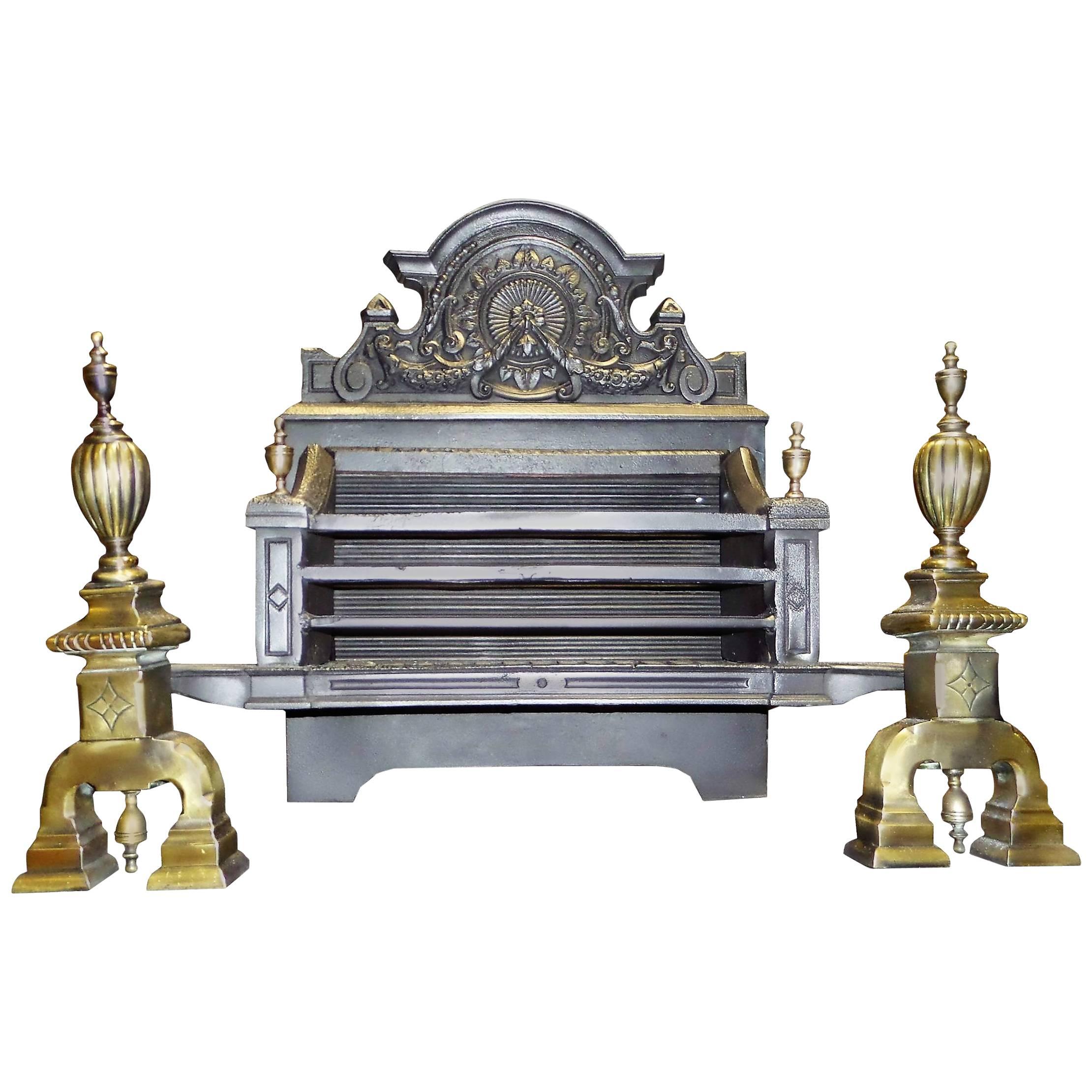 19th Century Large Georgian, Regency Cast Iron, Brass Fireplace Basket For Sale