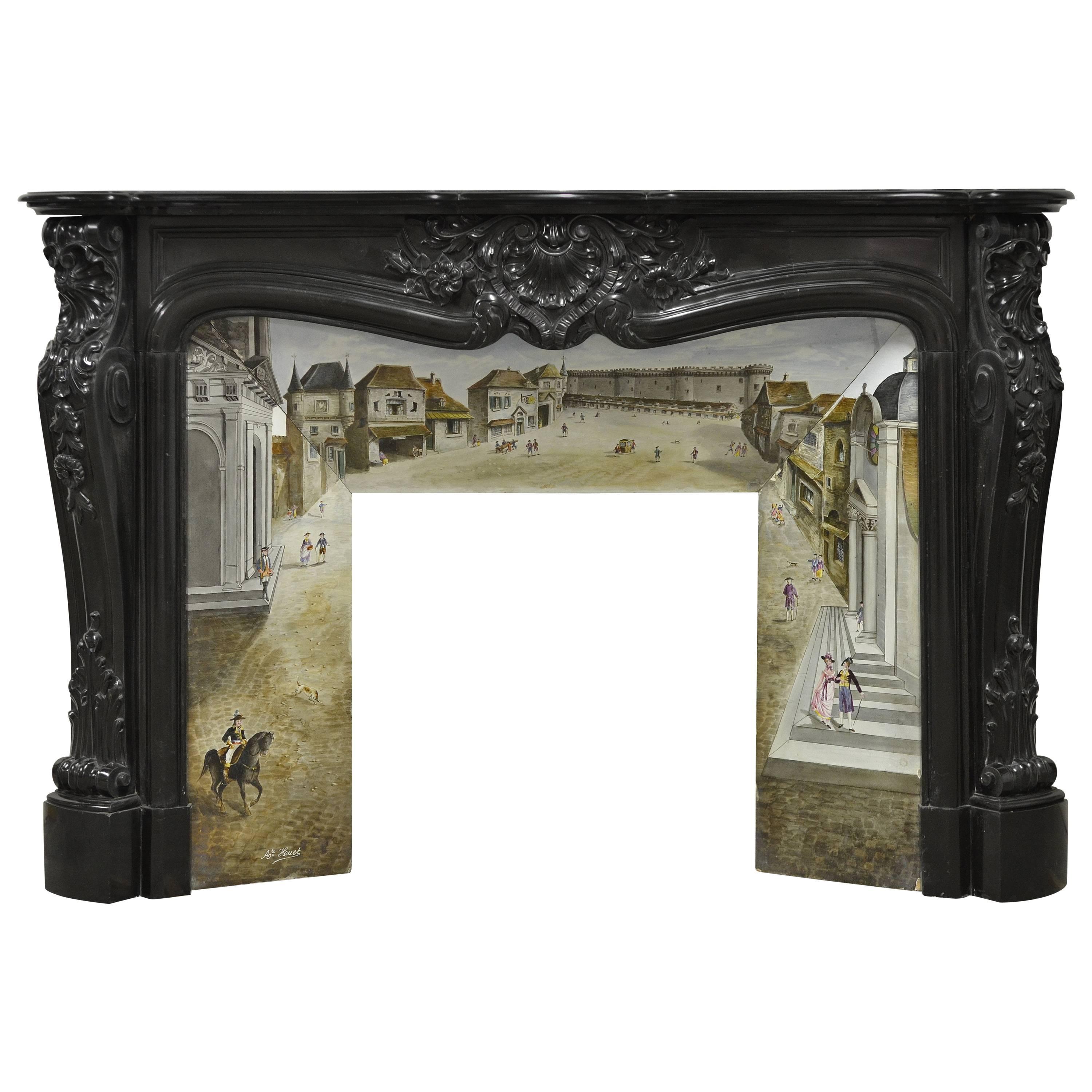 Beautiful, Rare Black Marble French Louis XV Fireplace with Original Insert For Sale