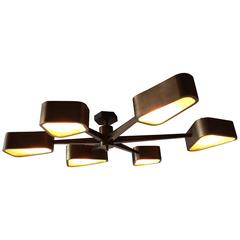 Great Six-Arm Chandelier, Bronze Finish and Glass Inserts