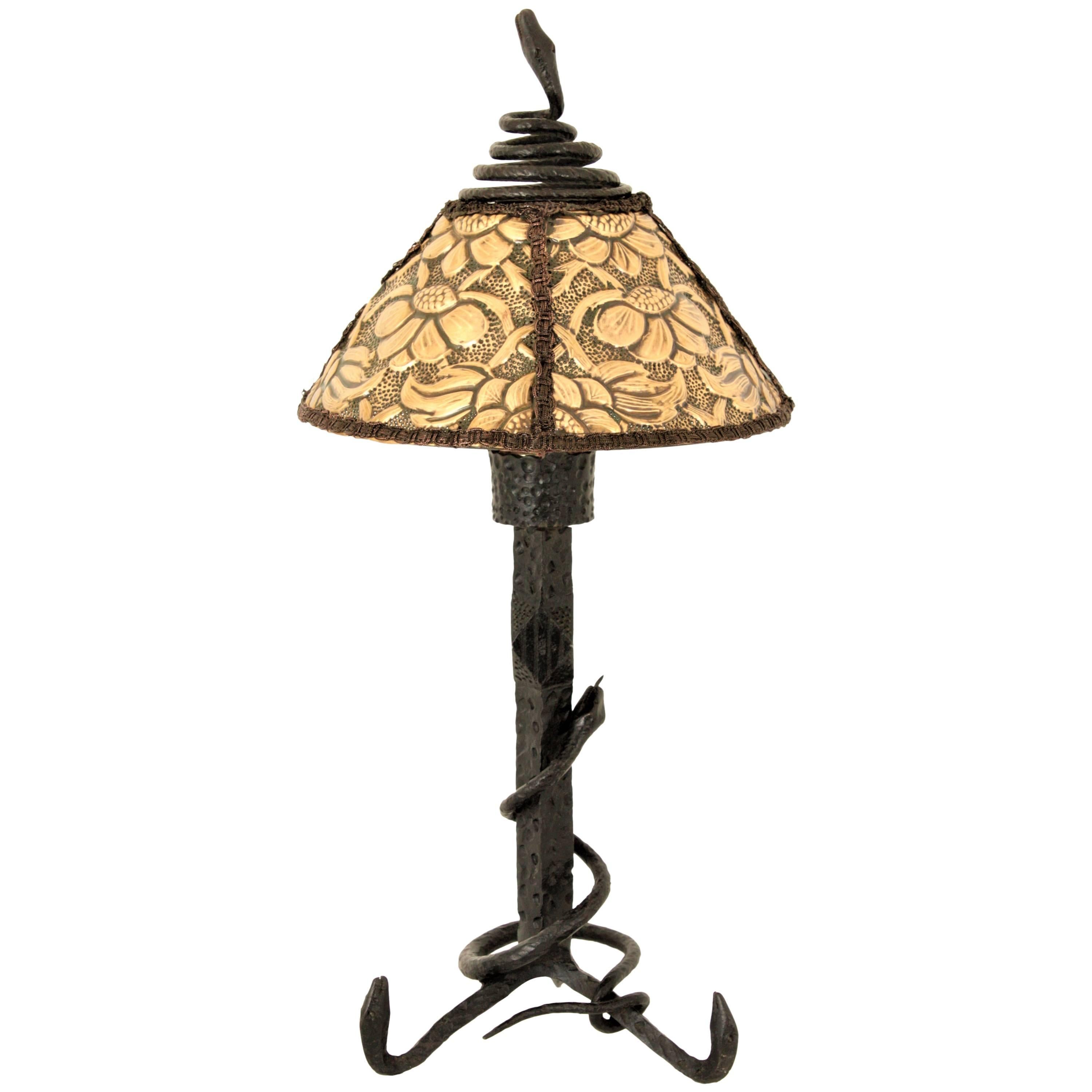 Antoni Gaudi Style Table Lamp in Hand Forged Iron and Brass Repoussé