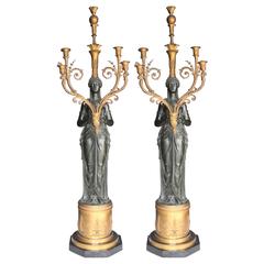 Empire, Pair of Candelabra, Patinated and Gilt-Bronze